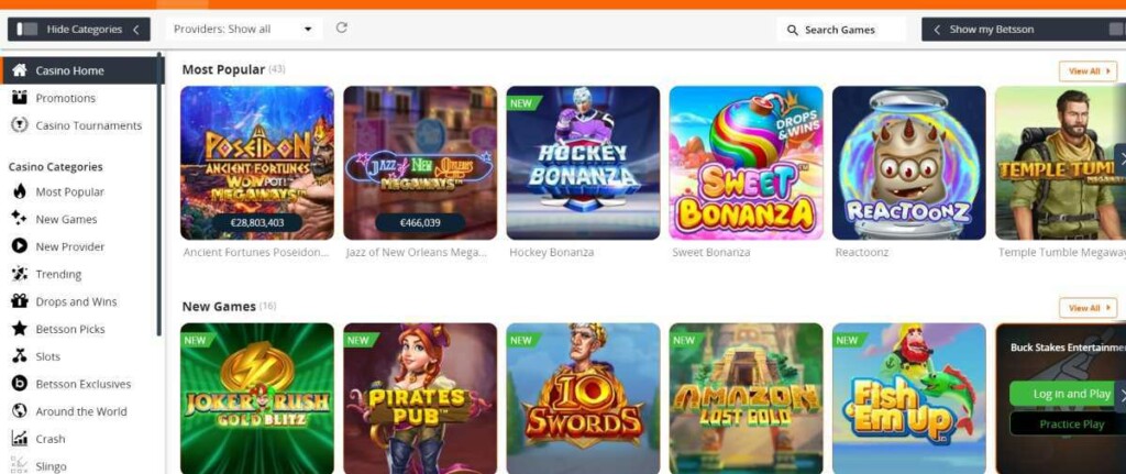 A Screenshot of Betsson Casino Games Lobby