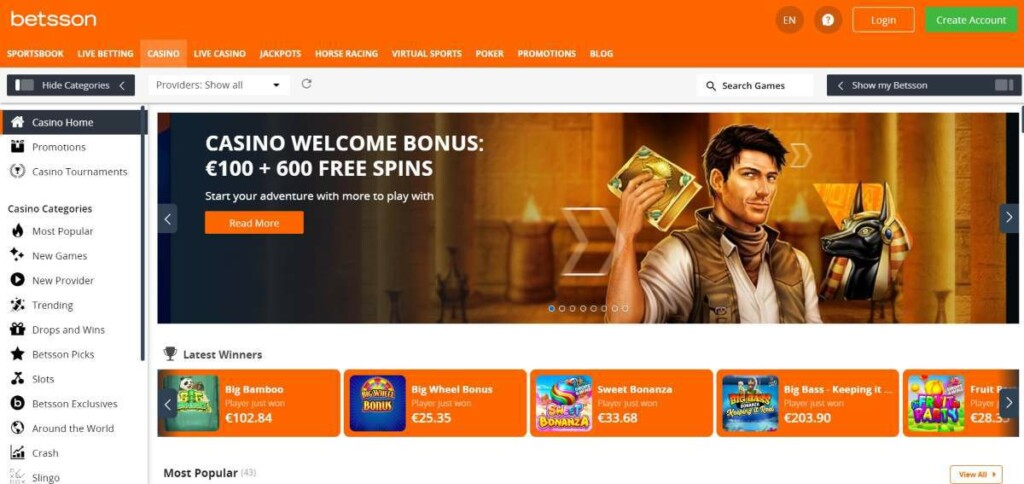 A screenshot of Betsson Casino Design