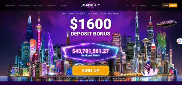 JackpotCity homepage with bonus