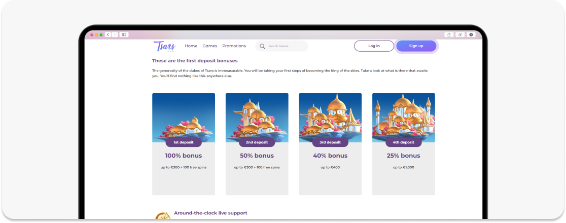 Screenshot of Tsars Welcome Offer