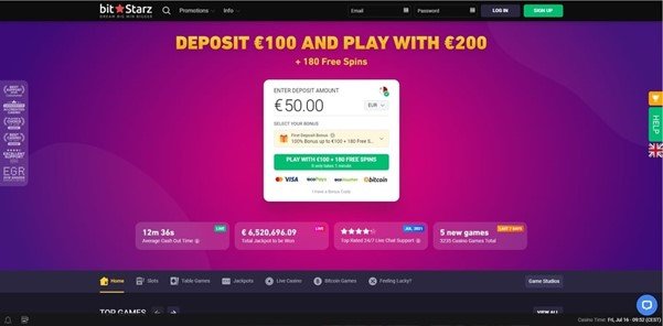 A screenshot from the BitStarz Casino website showing the front page and welcome bonus.