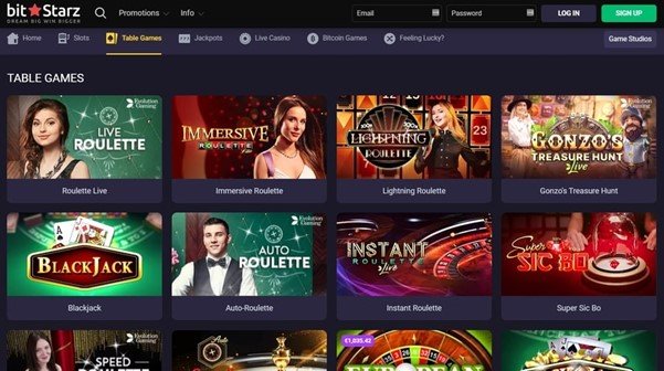 A screenshot from the BitStarz Casino Website showing the excellent variety of Table Games.