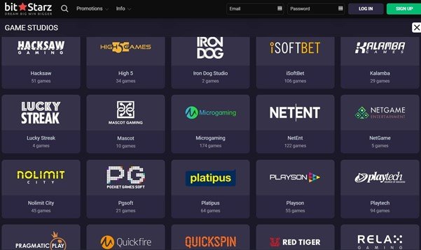 A screenshot from the BitStarz Casino Website showing the excellent variety of Game Providers for the Casino.