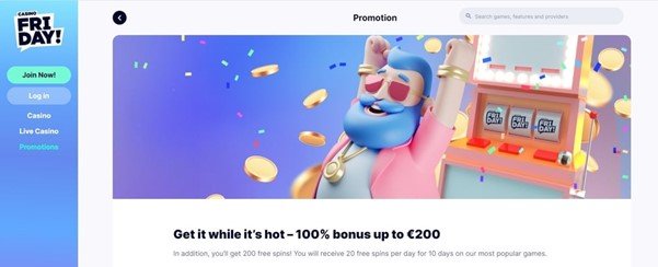 CasinoFriday welcome bonus promotion offering a 100% bonus up to €200 + 200 Free Spins