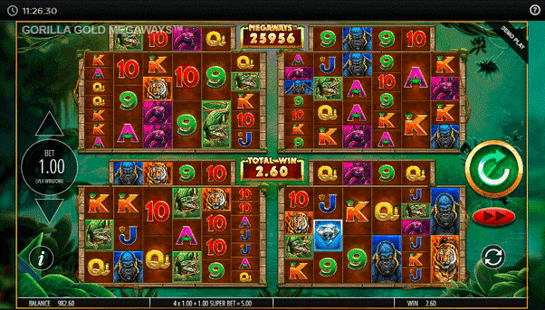 Animal slot in a jungle full of gorillas, tigers and crocodiles with four play tables