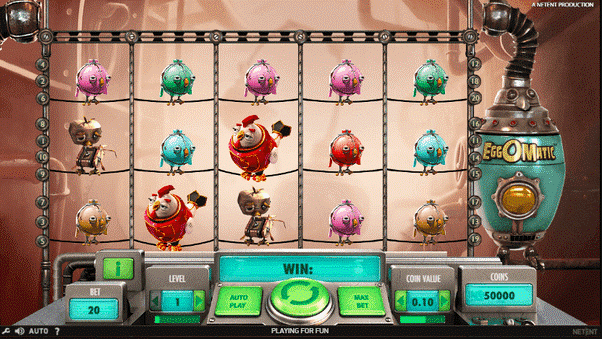 Animal slot with robot chickens in green, red, pink and turquoise colour eggs spinning in an EggOMatic machine