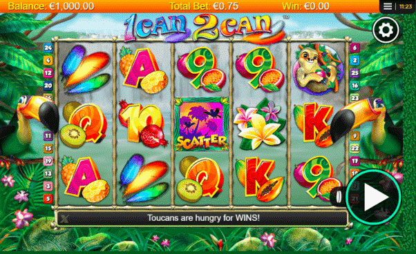 Animal slot with canary birds, exotic fruits and colourful feathers in a green jungle