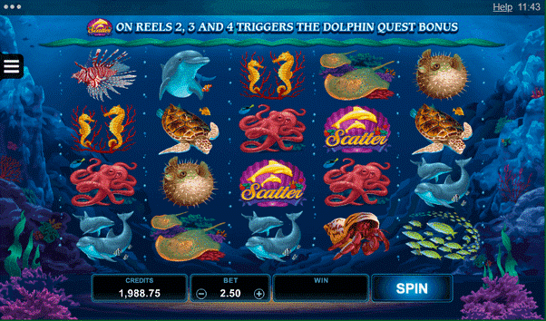 Animal slot with blue ocean theme with dolphins, stingrays, octopus, sea turtles, fish shoals and golden seahorses
