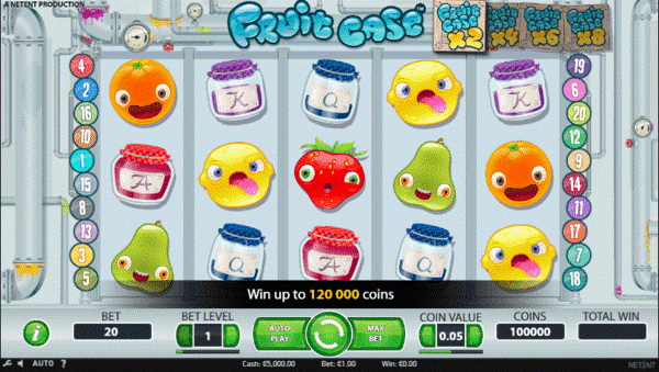 Image of Fruit Case slot. Fruits with faces and jars of jam are set against conveyor belts. At the bottom is a standard fruit slot interface.