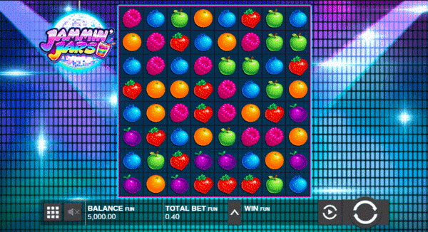 : Image of the Jammin’ Jars fruit slot layout, with many colored fruits in an 8x8 grid. Background designed like a disco ball. At the bottom is a standard fruit slot interface.