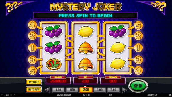 Image of Mystery Joker fruit machine, with some fruits and bells plus a Jester Hat symbol. At the bottom is a standard fruit slot interface.