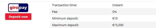 : Table indicating the transaction time, fee and deposit limits for transferring funds using Giropay