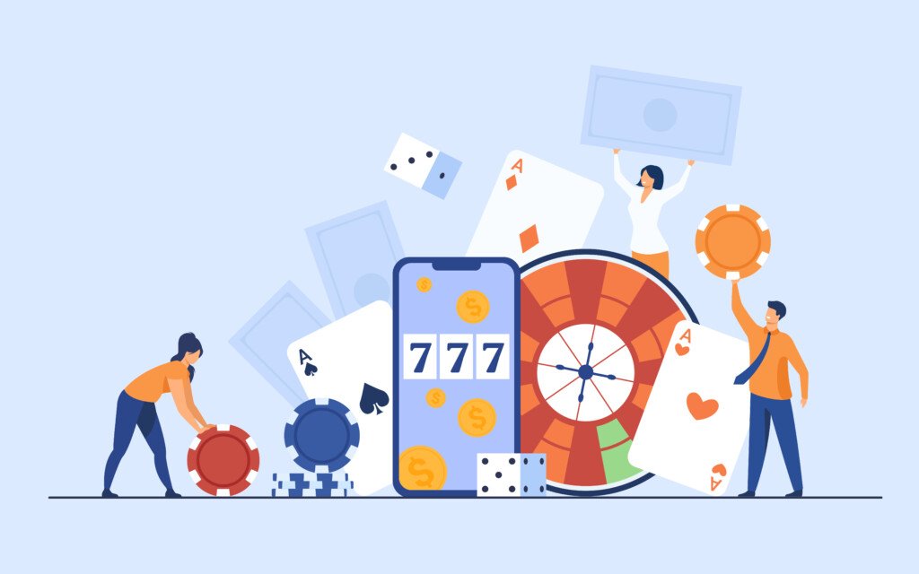 Happy tiny people gambling in online casino