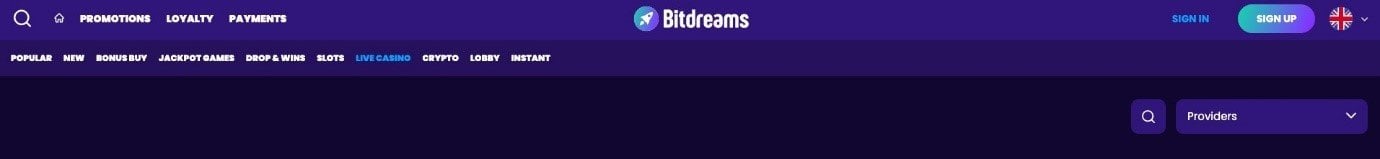 Bitdreams Casino Navigation Bar