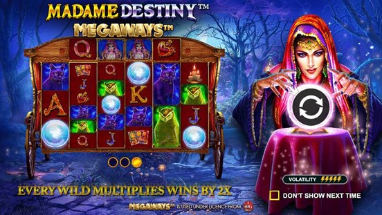 A screenshot from Pragmatic Play’s Madame Destiny™ Megaways™, showing the volatility as five lightning bolts.