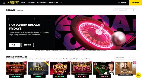 Screenshot of Energy Casino’s EU Reload Bonus