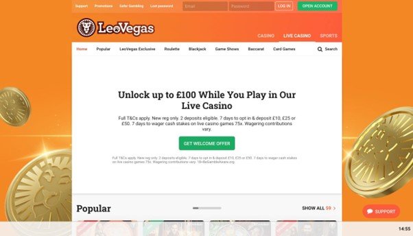 Screenshot of LeoVegas’s UK live casino offer