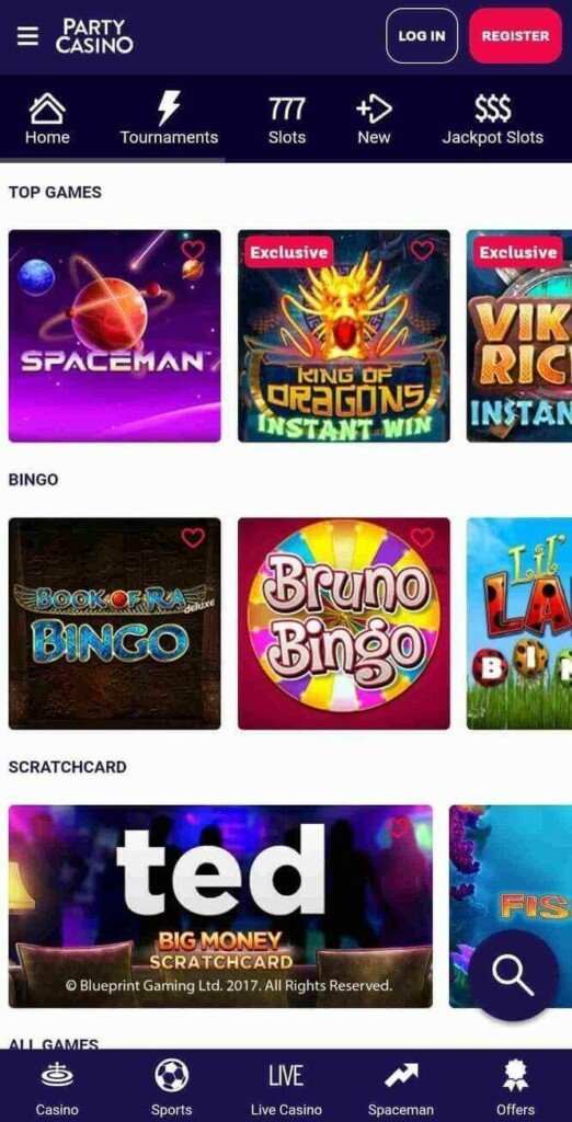 A screenshot from PartyCasino’s mobile site.