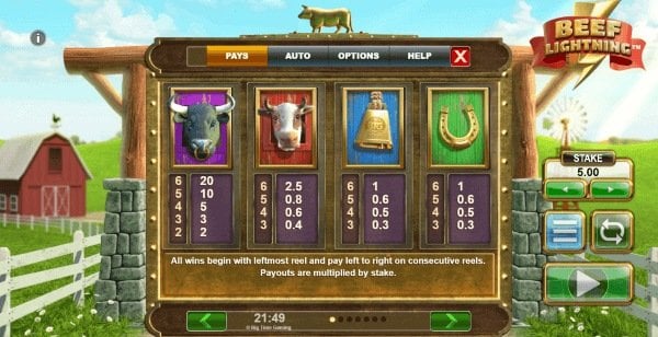 Beef Lightning Megaways™ panel. Different symbols with different payout values. Black, white, bell and horse shoe symbols.