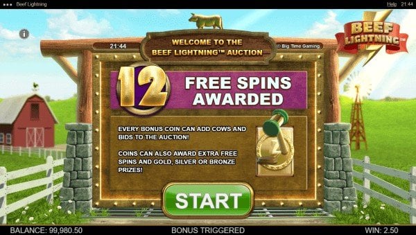 Image of the Beef Lightning Megaways™ awarding 12 free spins and the bonus coin symbol that can add cows to auction