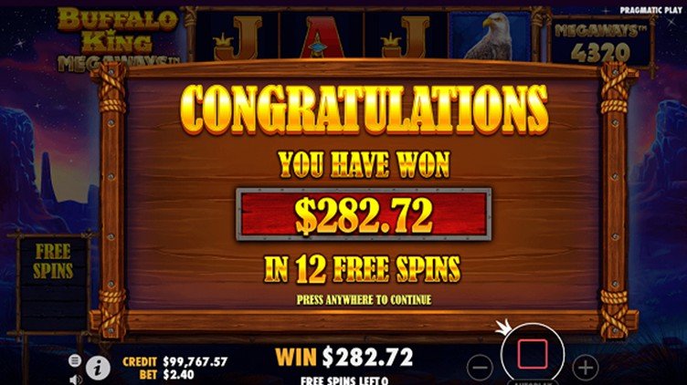 A message showing that the player has won $282.72 from the bonus game, the player’s total credits and the play and stop button.