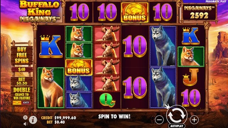 The 6 game reels, credit balance, bet size and play button on display. The ante bet option and buy free spins are to the left.