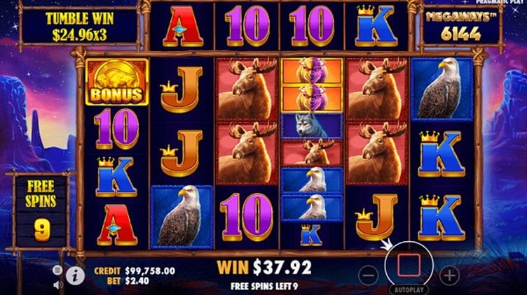 Bonus game, with wolves, eagles and buffalo on the reels. The credit balance, 9 free spins and autoplay button can also be seen.