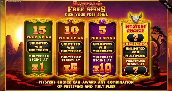 Screenshot from Buffalo Rising Megaways™ by Blueprint Gaming. This shows the four different Bonus Buy options available to players.