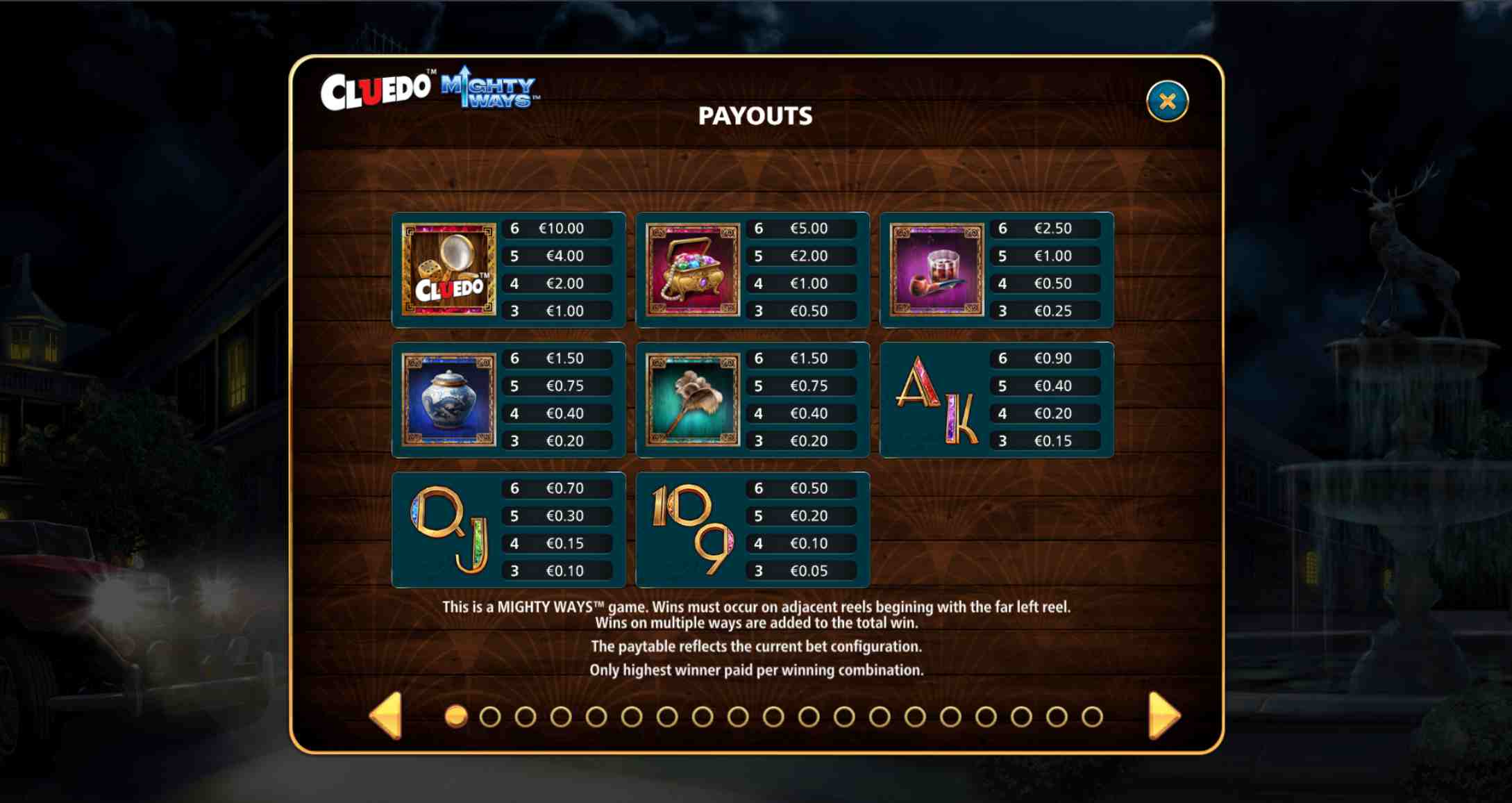 Cluedo Mighty Ways Paytable Screenshot