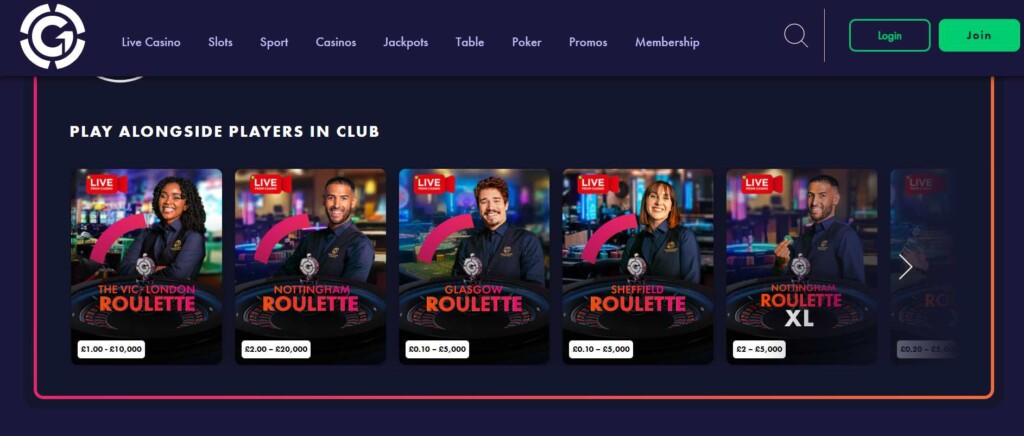 Screenshot grosvenor Live Casino Lobby