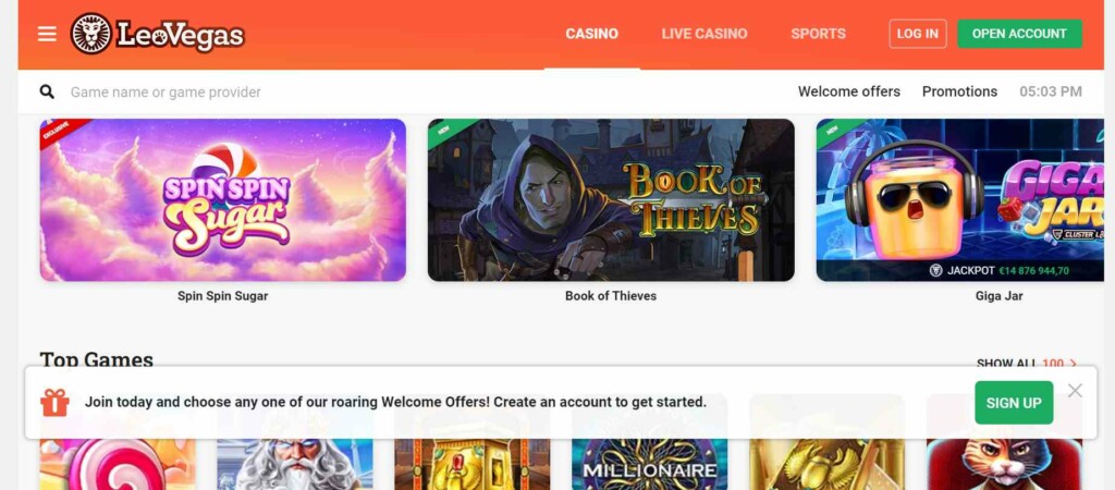 Screenshot leovegas Game Lobby