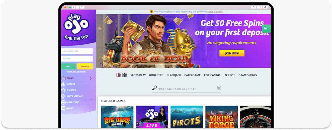 PlayOJO ROW No Wagering offer