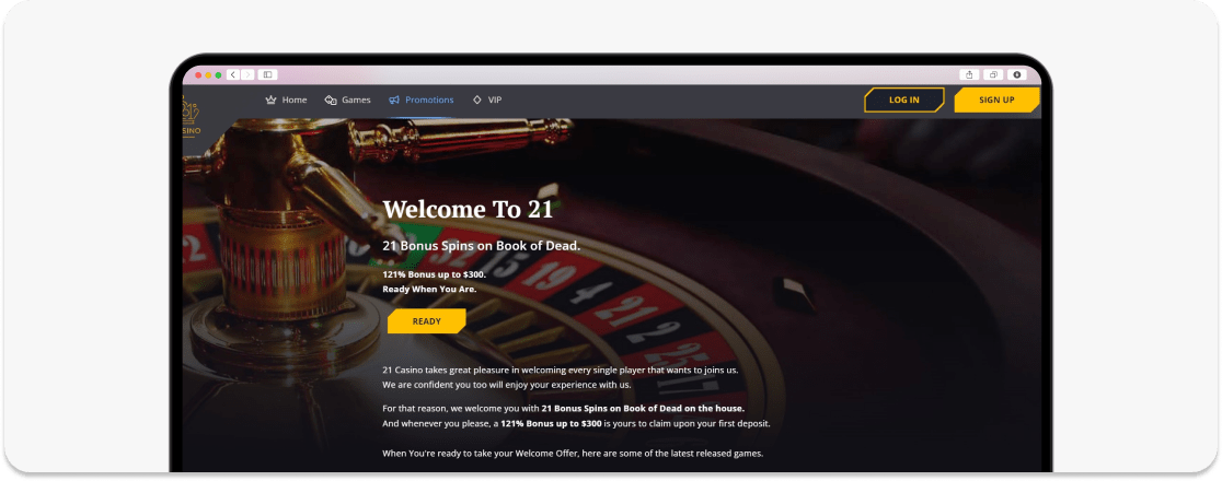 A screenshot of 21 Casino No deposit bonus