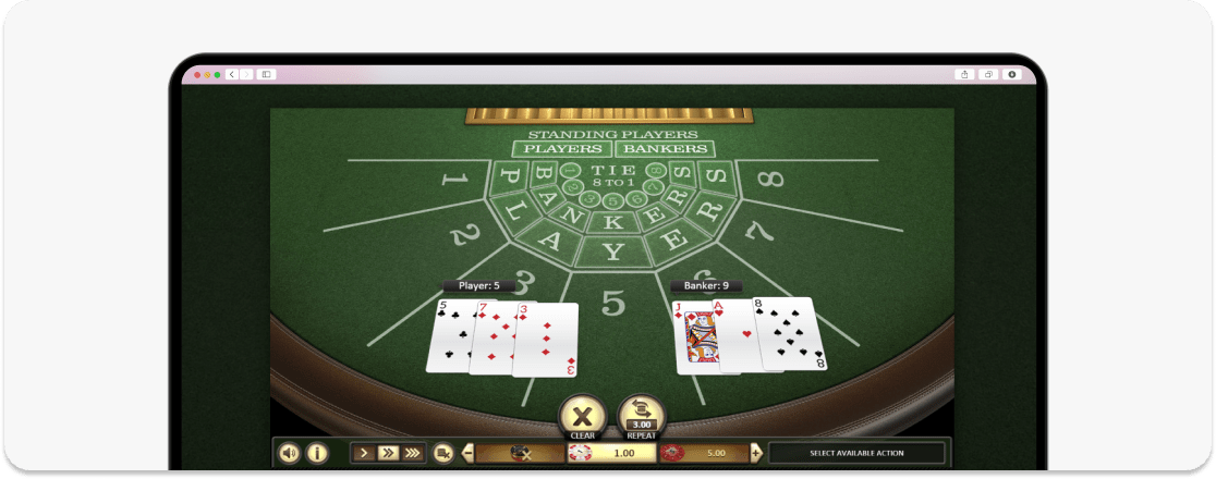 A screenshot of the gameplay of baccarat table game