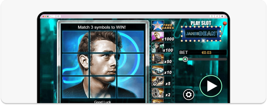 A screenshot of James Dean Scratch Card Scientific Games