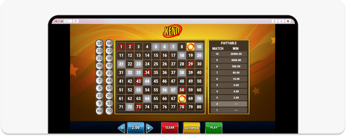 A screenshot of Keno Gameplay Play'n Go