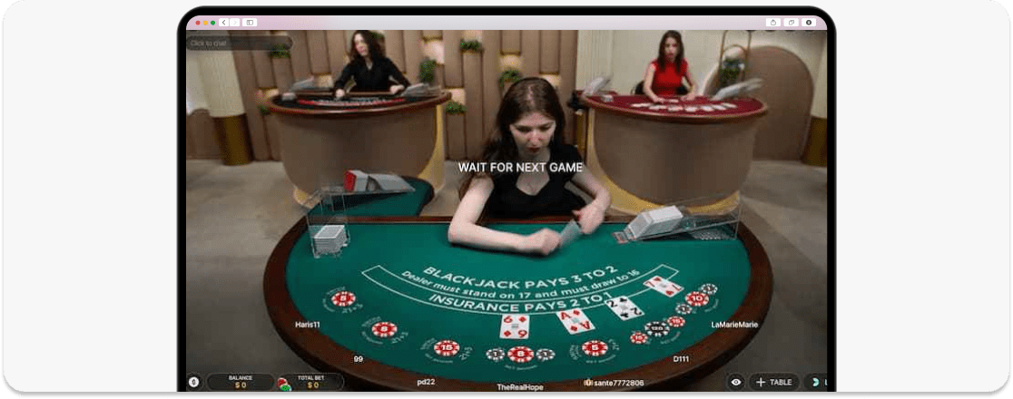 A screenshot of Live Blackjack Casino Game
