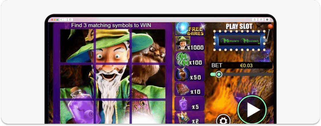A screenshot of Merlins Millions Scratch Card NextGen Gaming