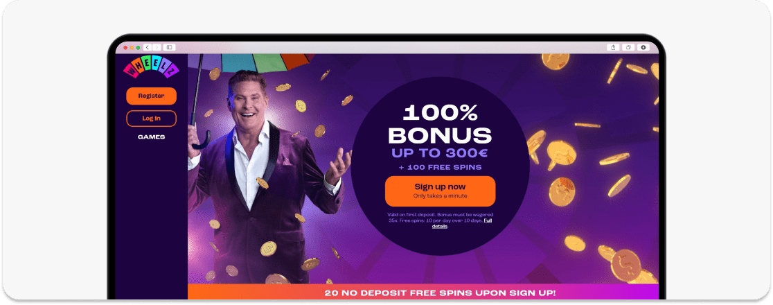 A screenshot of Wheelz casino no deposit bonus