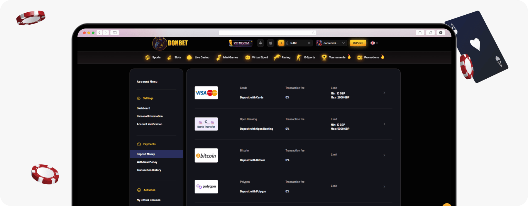 screenshot of donbet deposit money page