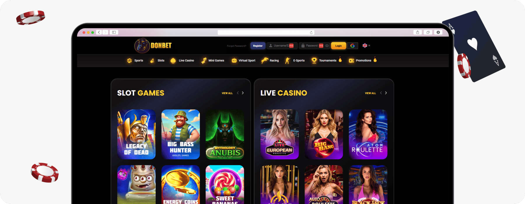 screenshot of donbet slot games and live casino lobby