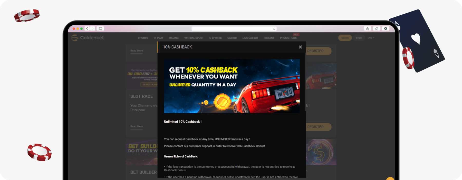 screenshot of goldenbet cashback offer