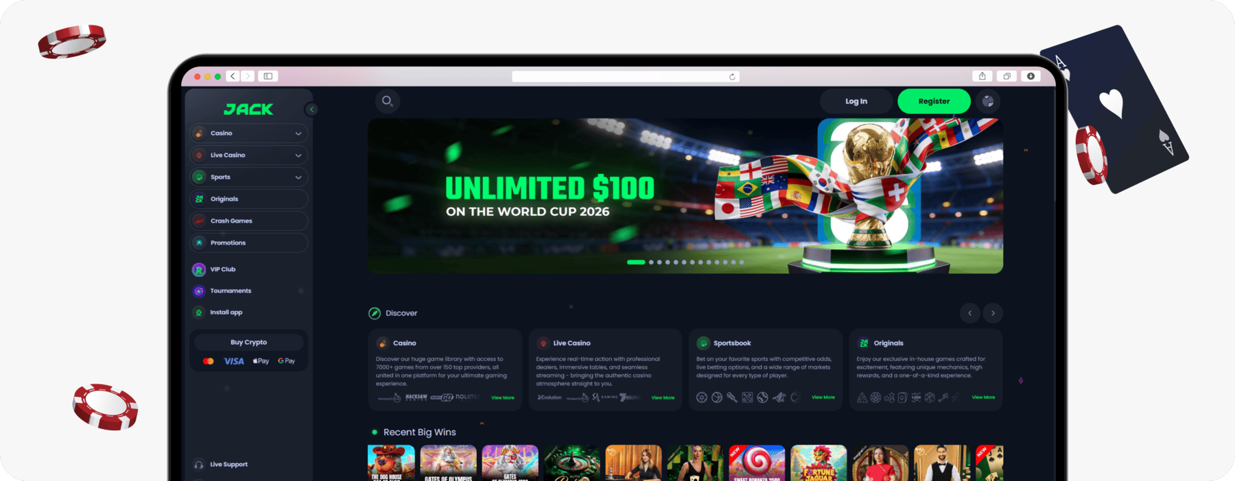 screenshot of jack casino homepage