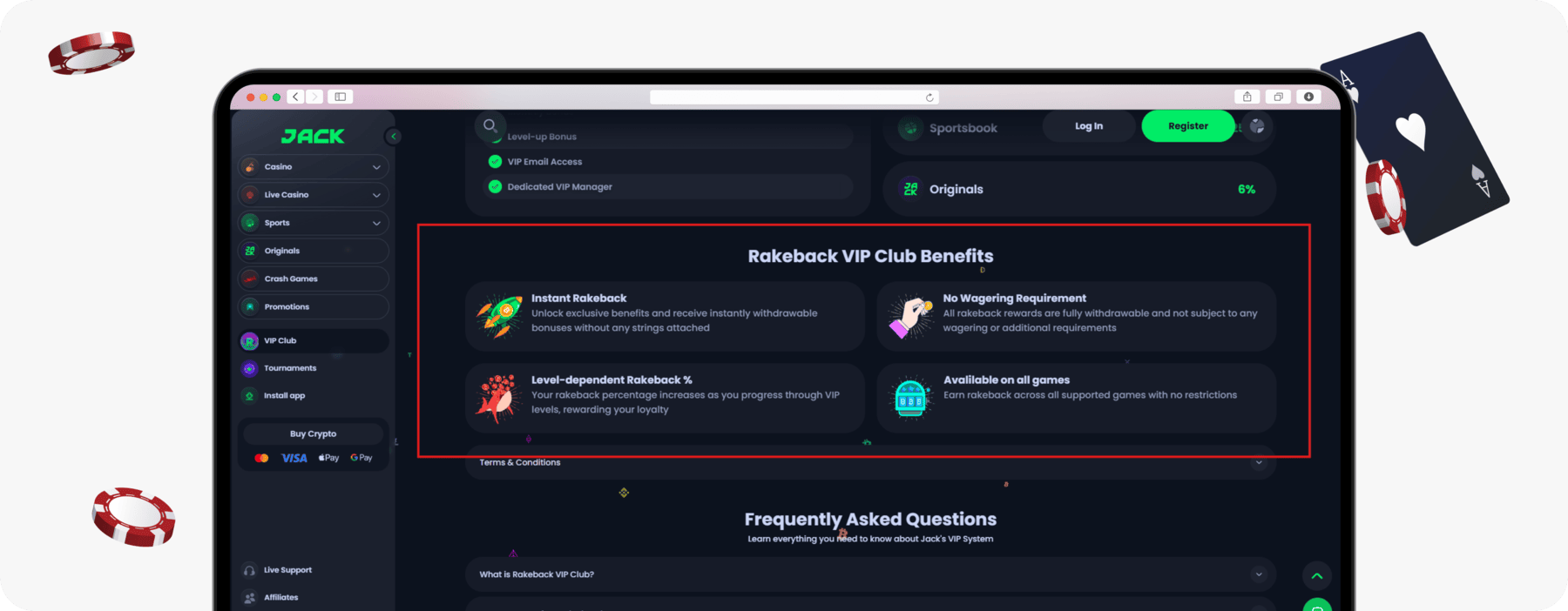 screenshot of jackbit rakeback vip club benefits