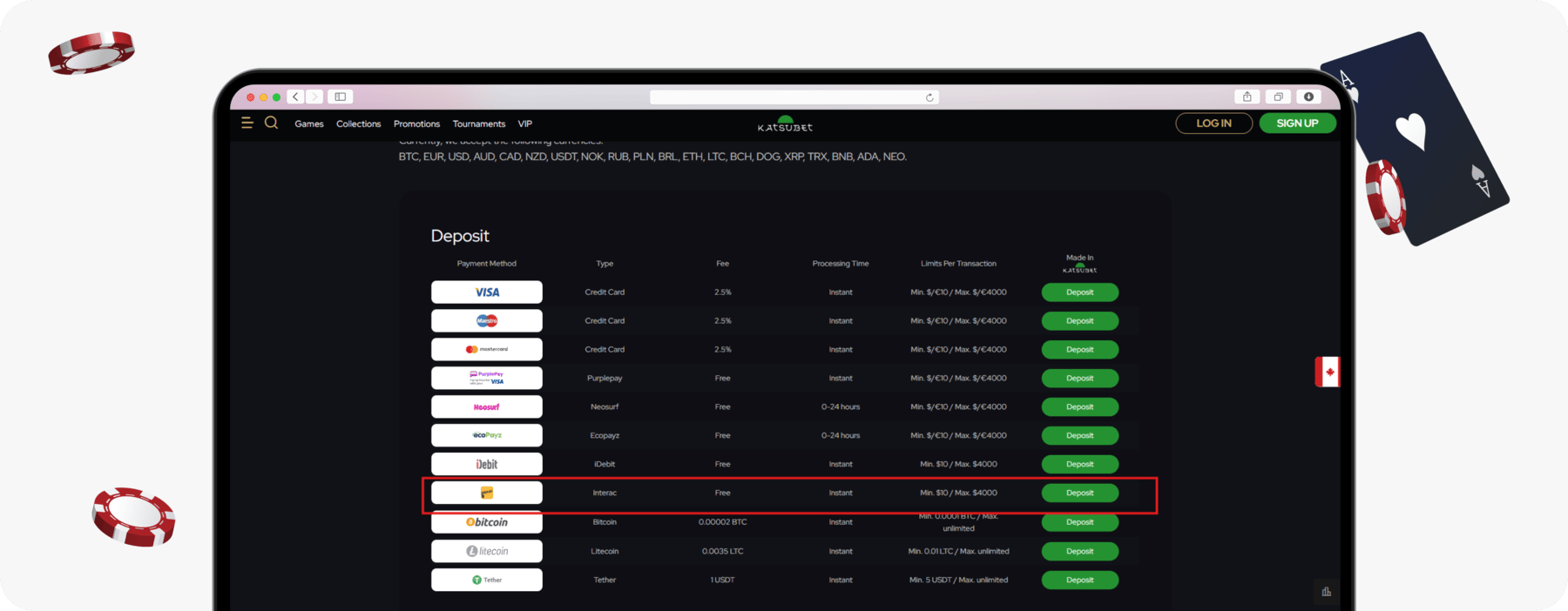 screenshot of katsubet interac payment details