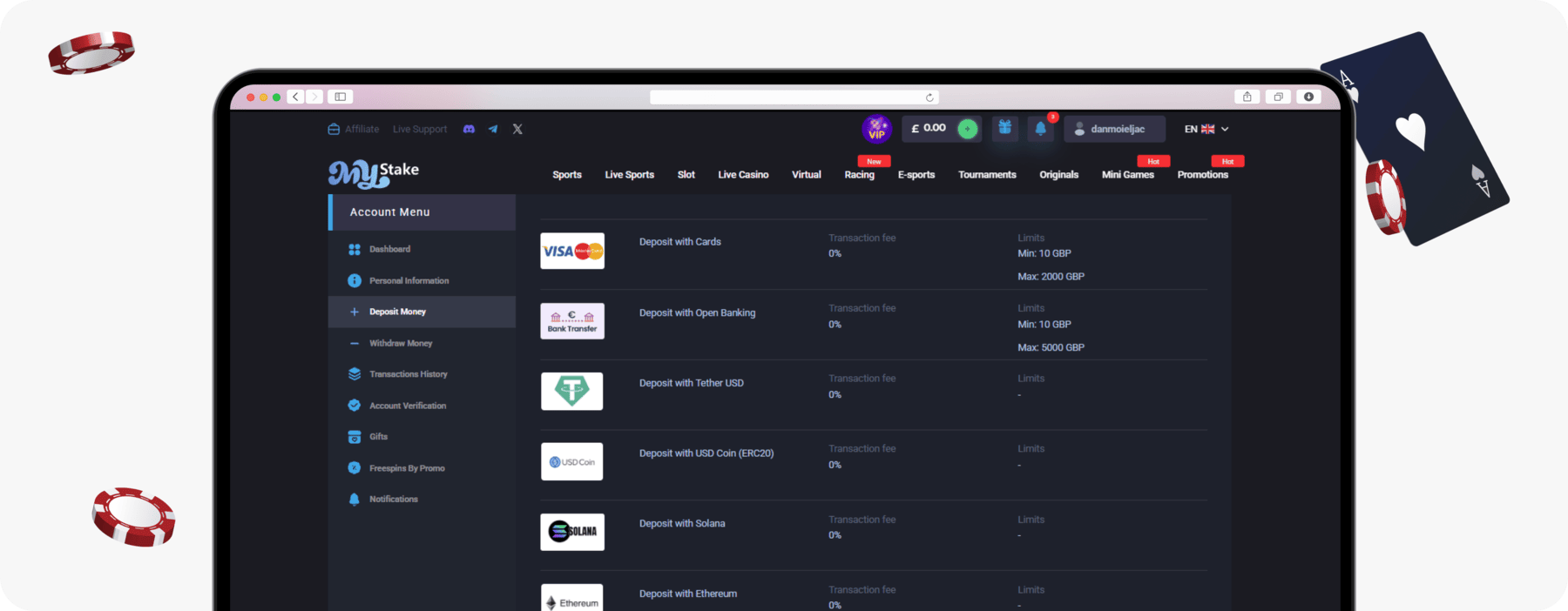 screenshot of mystake deposit methods page