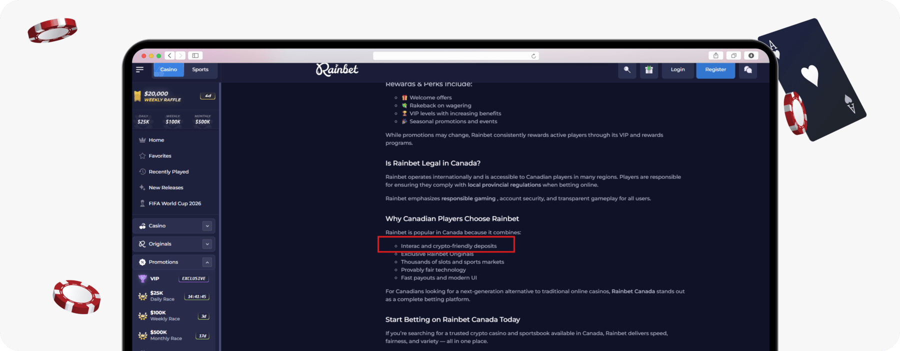 screenshot of rainbet interac payment method