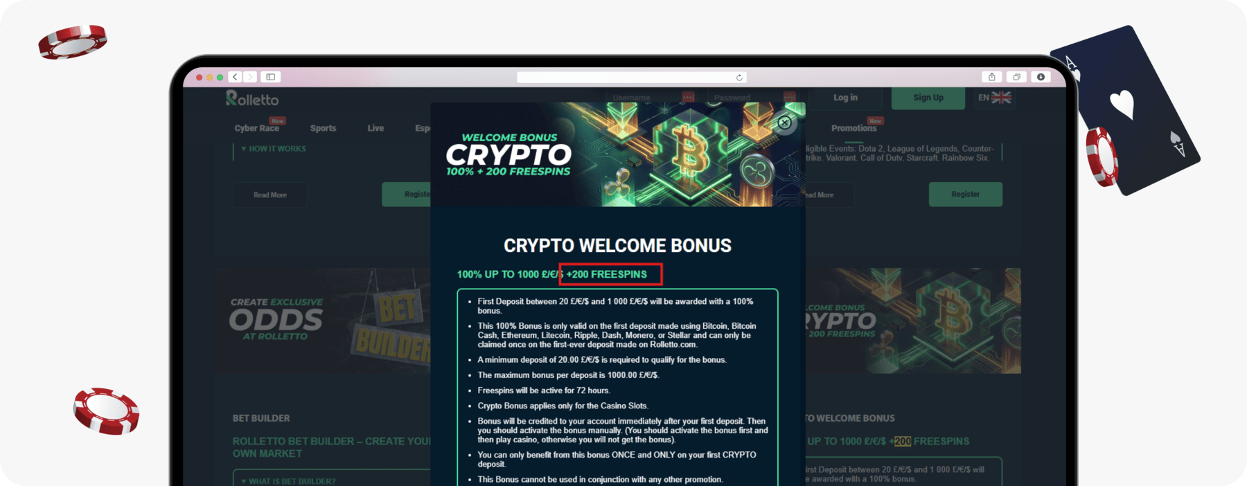 screenshot of rolletto crypto welcome bonus