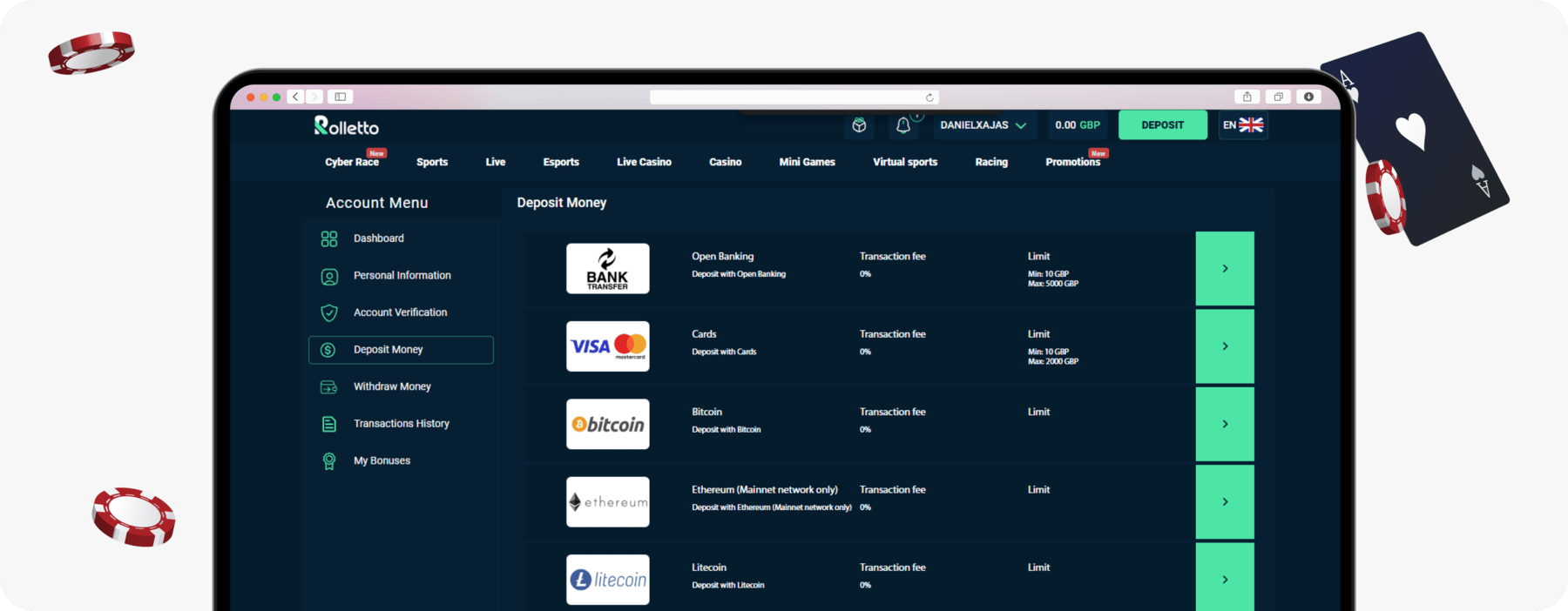 screenshot of rolletto deposit methods page