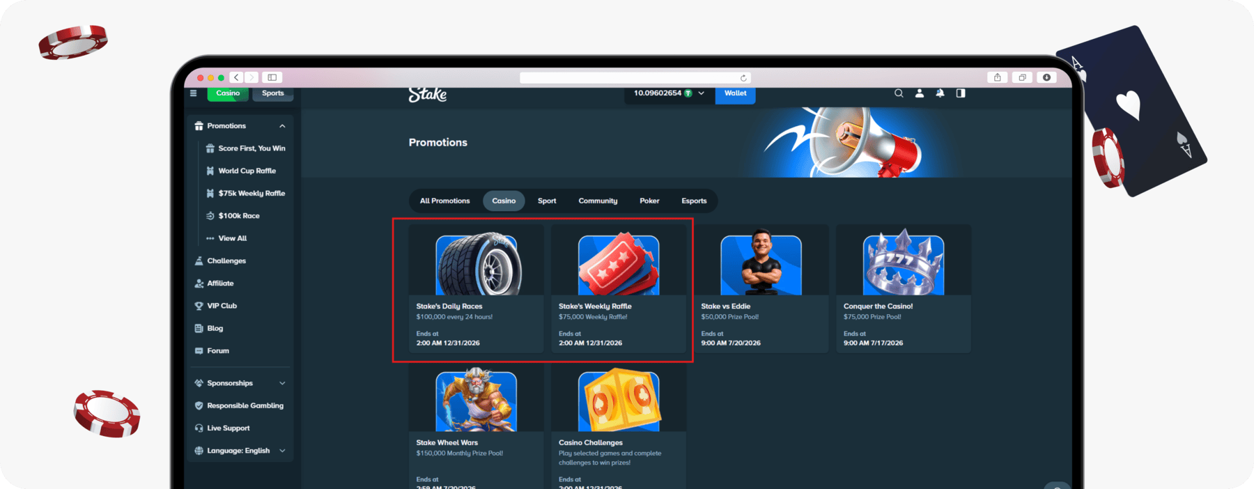 screenshot of stake canada promotions page